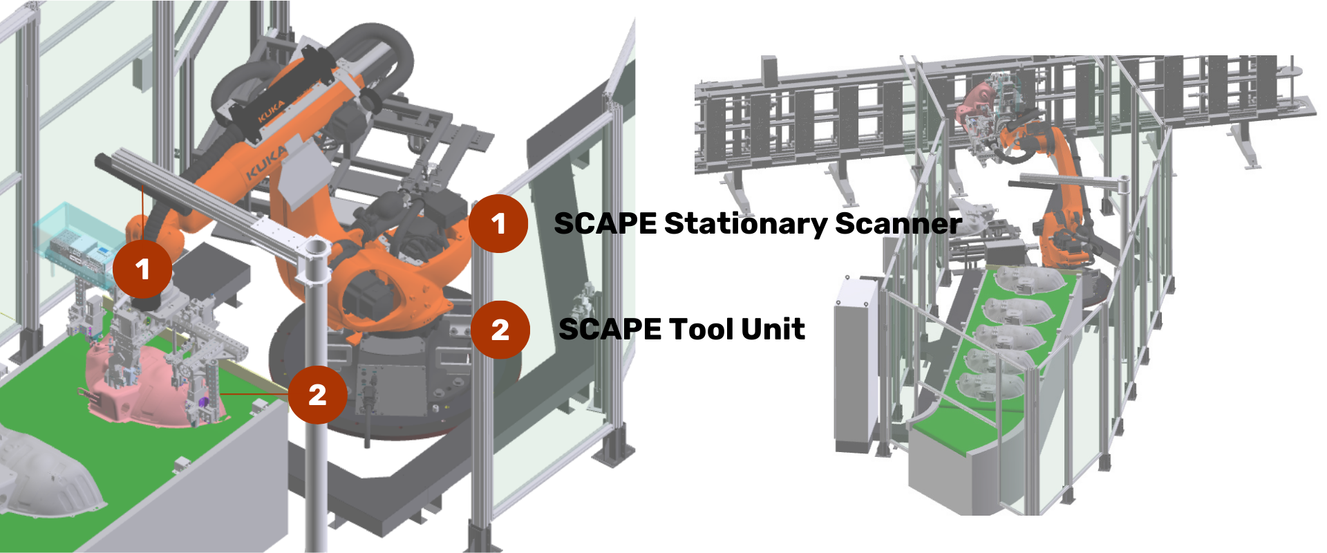 SCAPE Bin-Picking Komplettlösung zur Automatisierung des Prozesses der Handhabung von Radkappen bei Volkswagen. Stationärer SCAPE-Scanner und SCAPE-Werkzeugeinheit