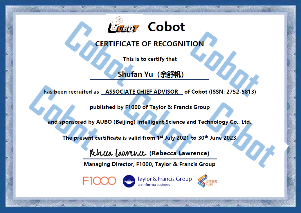 cobot CERTIFICATE OF RECOGNITION