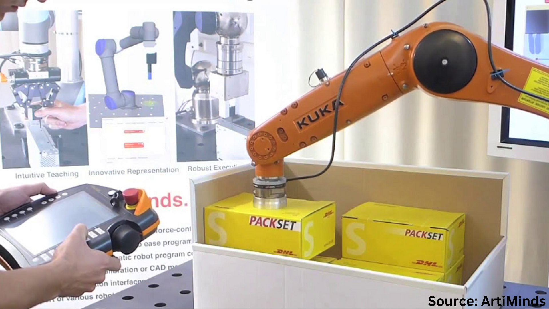 SCAPE PackMover mögliche Integration auf KUKA Roboter für die automatische Handhabung von Paketen in der Logistik und Lagerhaltung.