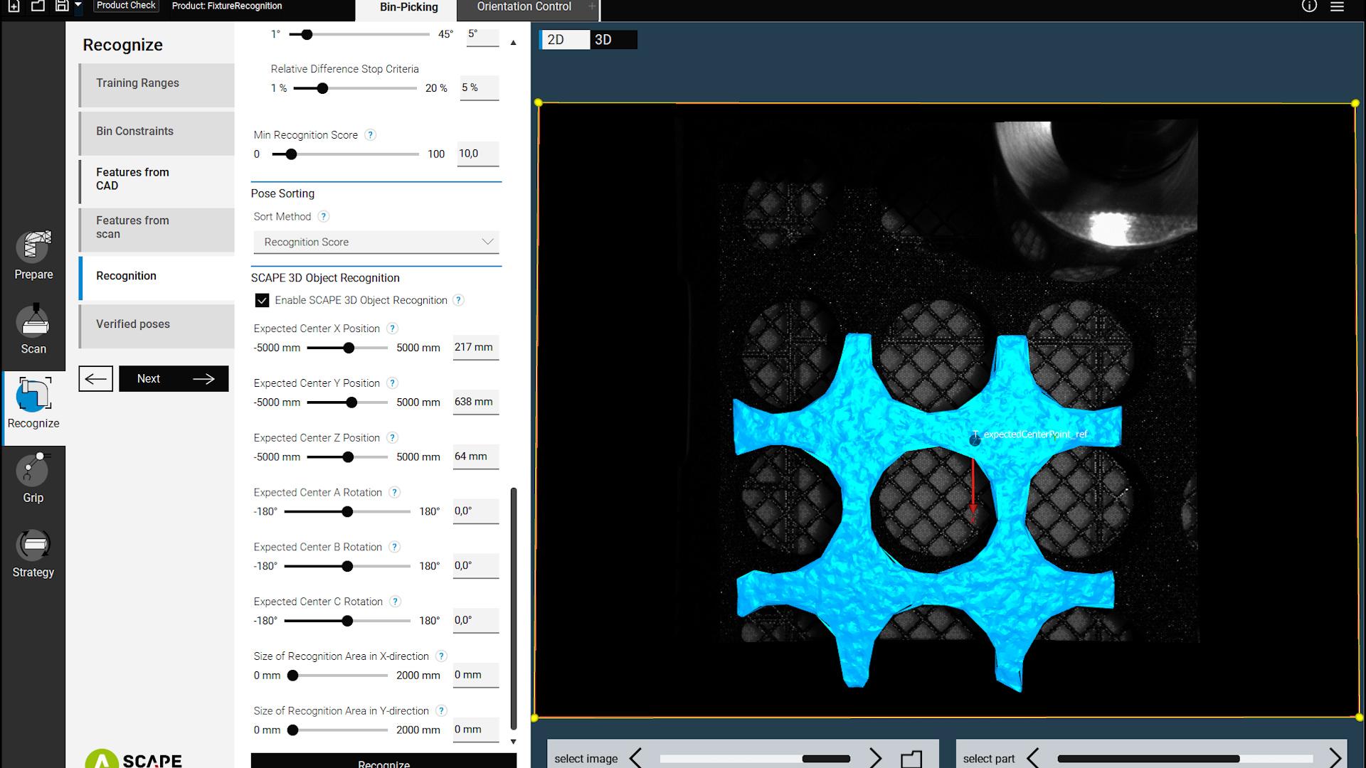 Print screen of SCAPE 3D Object Recognition software for object or fixture identification